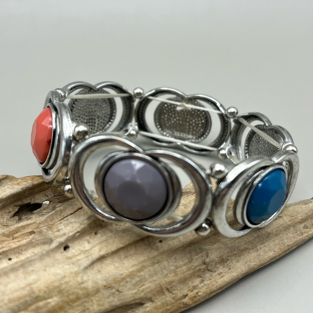 Silver Tone Statement Bracelet | Colorful Stone Accent Stretch Cuff | Boho Chic